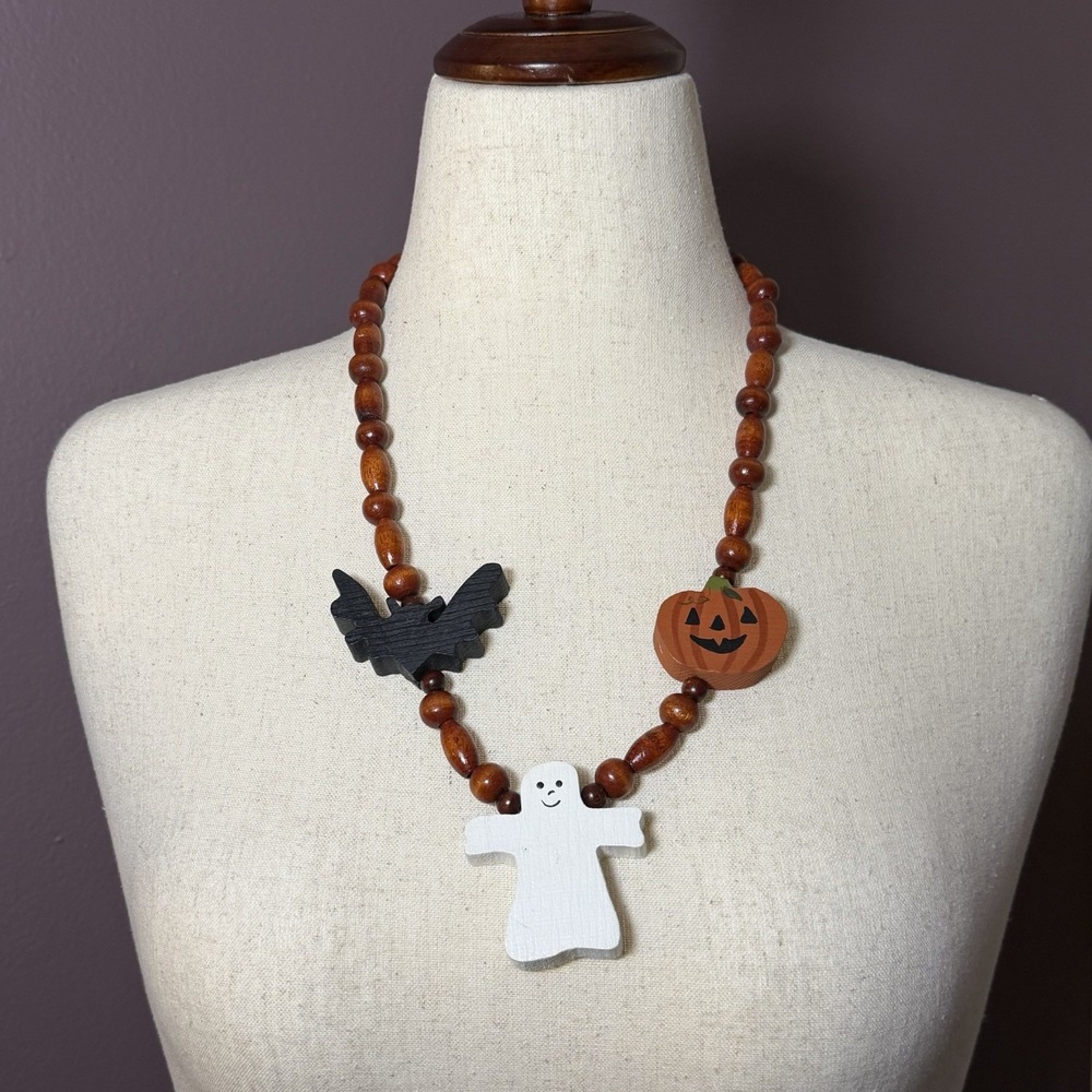 Artisan folk Art Wooden Beaded Halloween Necklace Ghost Pumpkins Bat Handmade